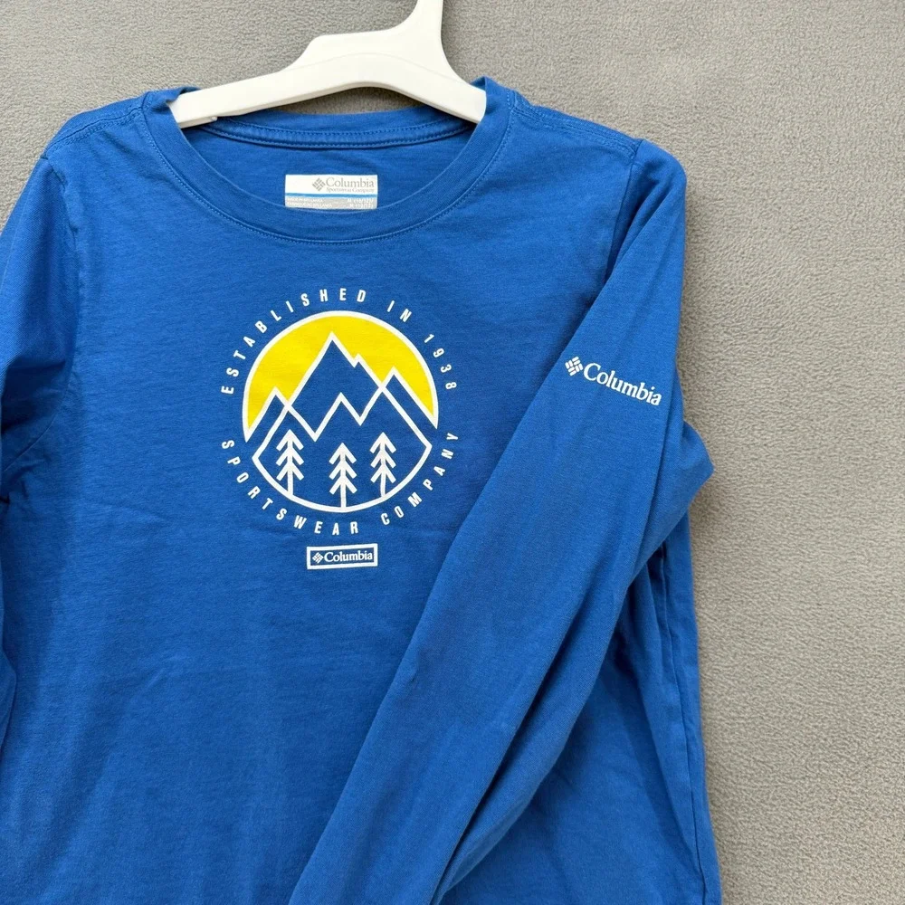 Columbia T-Shirt Size M 10/12 Kids Blue Mountain Graphic Long Sleeve